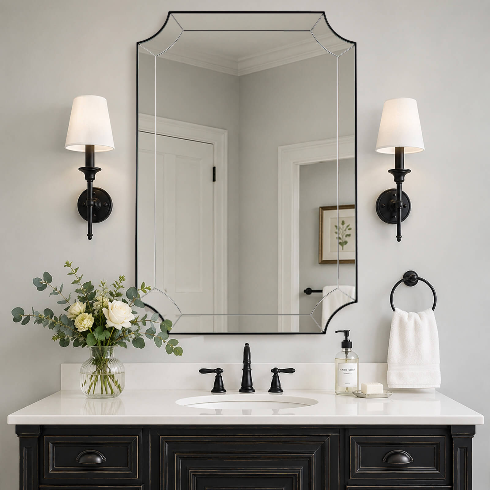 Modern Glass Tiles Edge Cut Corner Scalloped Bathroom Vanity Mirrors | Stainless Steel Frame