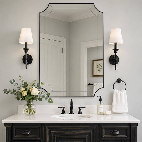 Modern Glass Tiles Edge Cut Corner Scalloped Bathroom Vanity Mirrors | Stainless Steel Frame