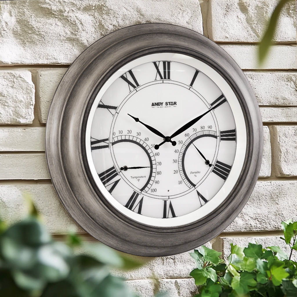 Contemporary Large Outdoor Wall Clock with Thermometer Waterproof Illuminated,24 Inch