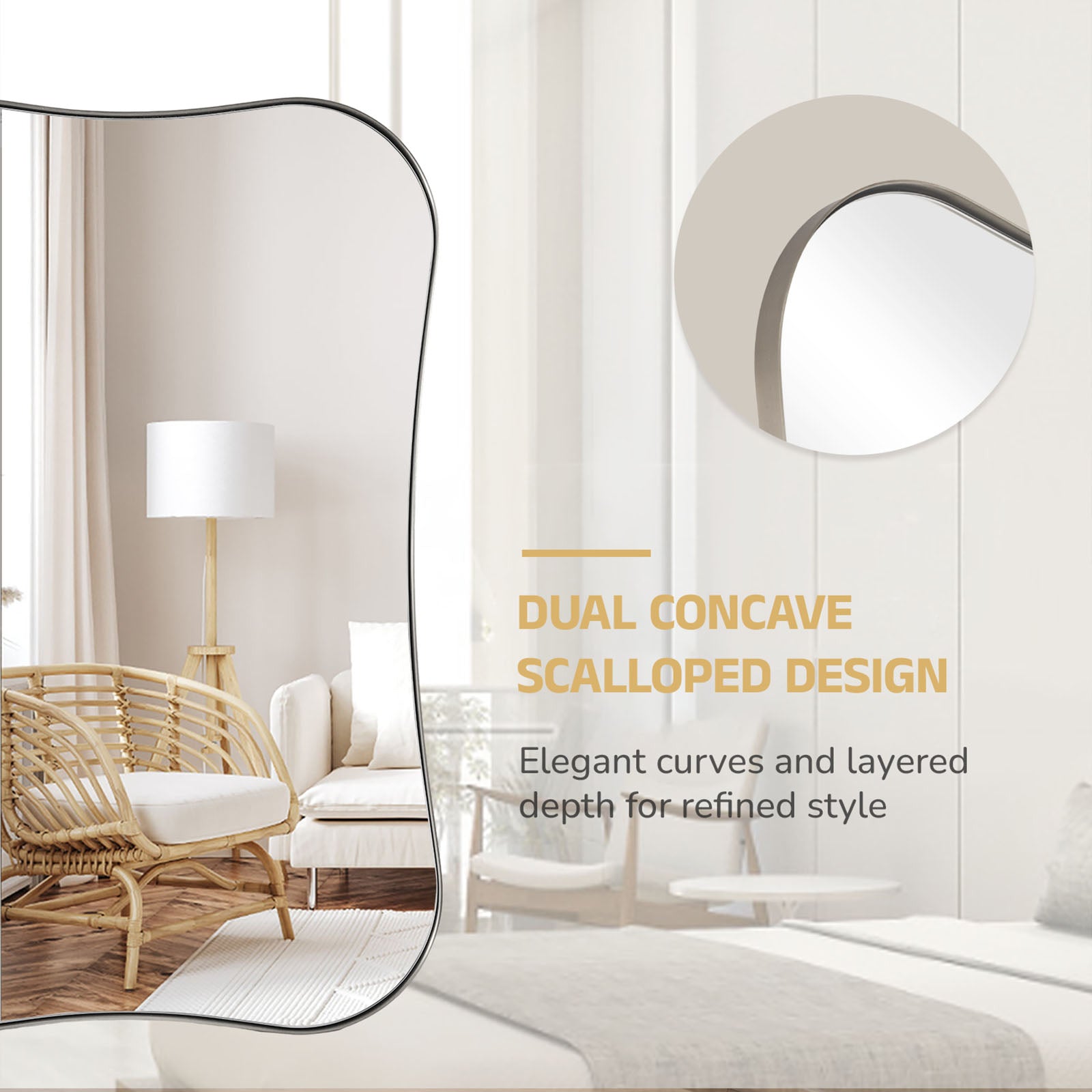 Contemporary Dual  Concave Edge Rouded Scalloped Rectangle Wall Mirror | Stainless Steel Frame