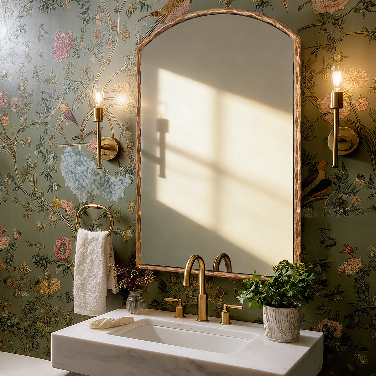 Vintage Hand-Forged Arched Mirror Hammered Wrought Iron Bathroom Mirror