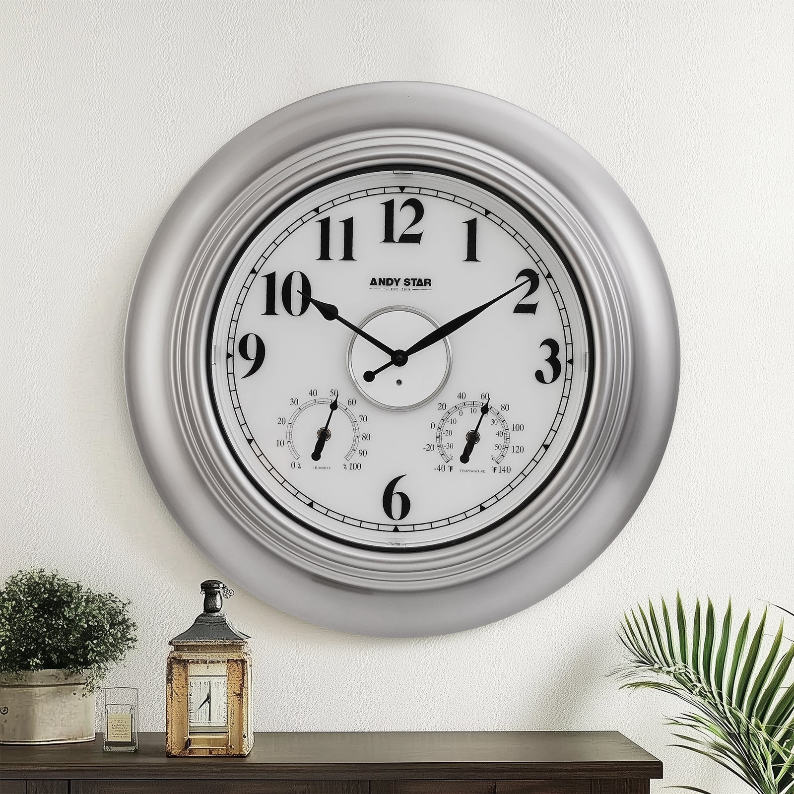 Waterproof Bathroom Wall Clock Illuminated Outdoor Clock with Thermometer Weatherproof Silver