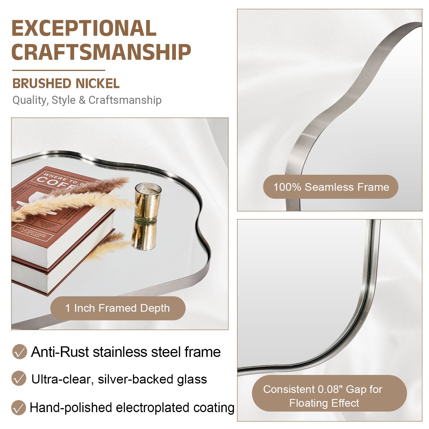 Contemporary Dual Arch Wall Mirror Irregular Scalloped Bathroom Mirror | Stainless Steel Frame