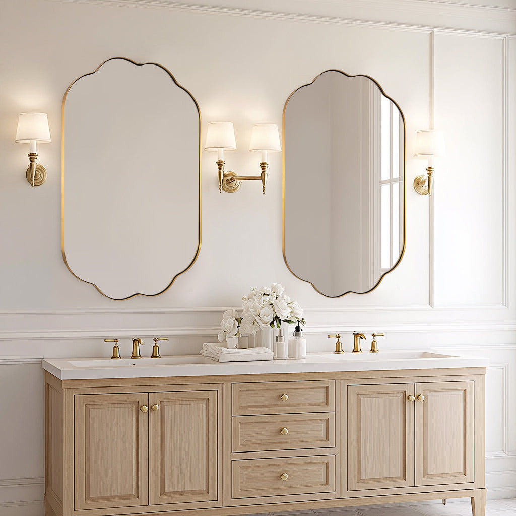 Contemporary Oval Scalloped Bathroom Vanity & Wall Mirror| Stainless Steel Framed
