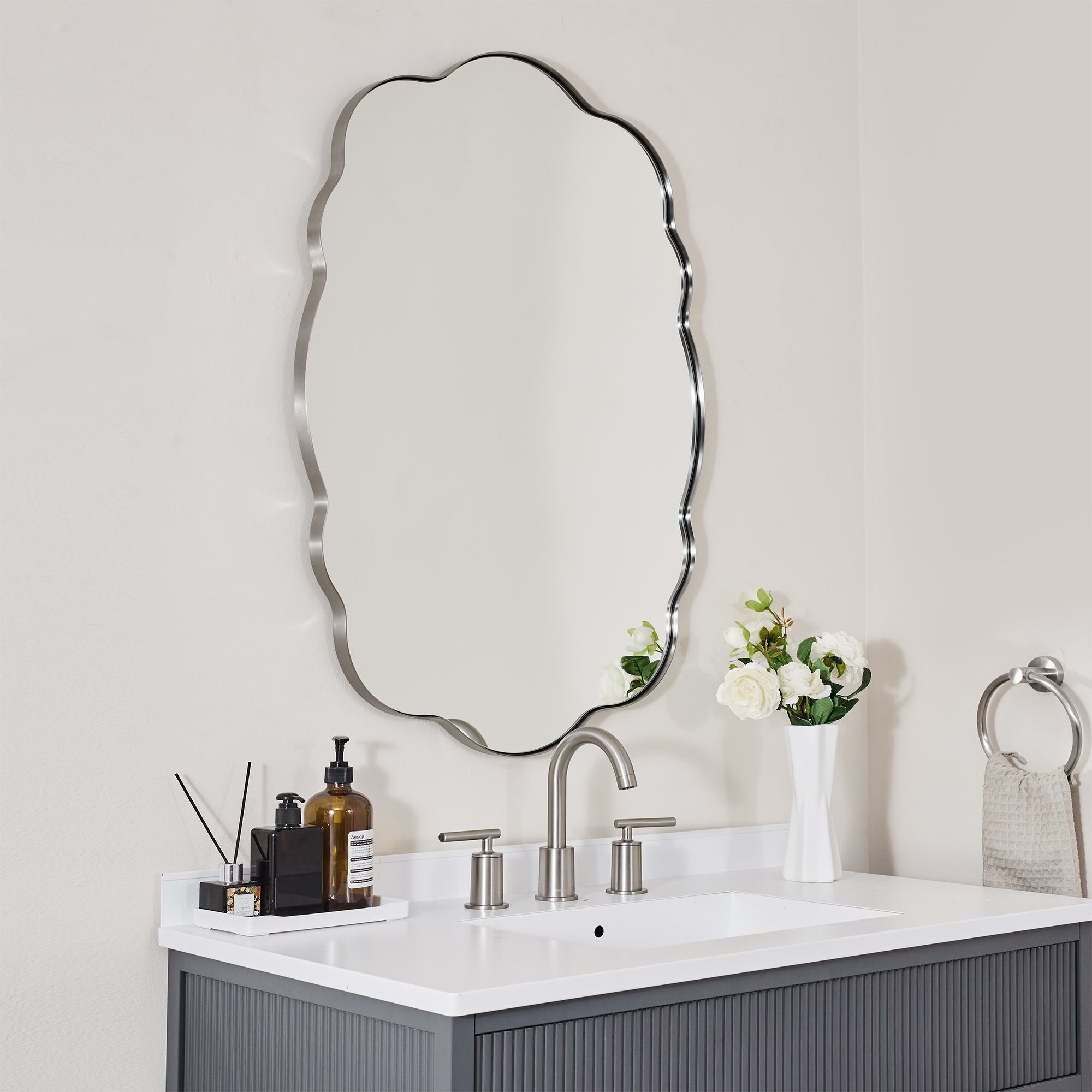 Contemporary Wavy Oval Scalloped Bathroom Vanity Mirror  Irregular Decorative Mirror| Stainless Steel Framed