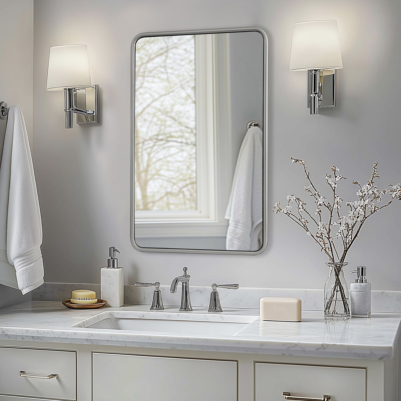 Contemporary Rounded Rectangular Bathroom Mirrors| O-Shaped Tube Stainless Steel Frame