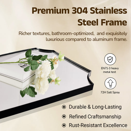 Contemporary Notched Corner Scalloped  Rectangle Bathroom Vanity Mirror | Stainless Steel Frame