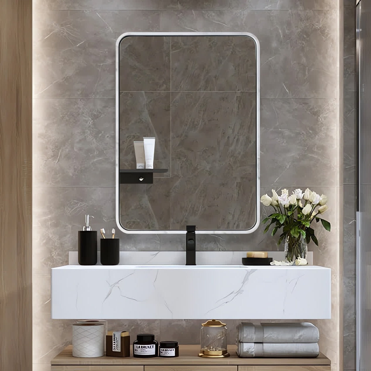 Contemporary Imitation Marble Framed Rectangle Wall Mirror for Bathroom