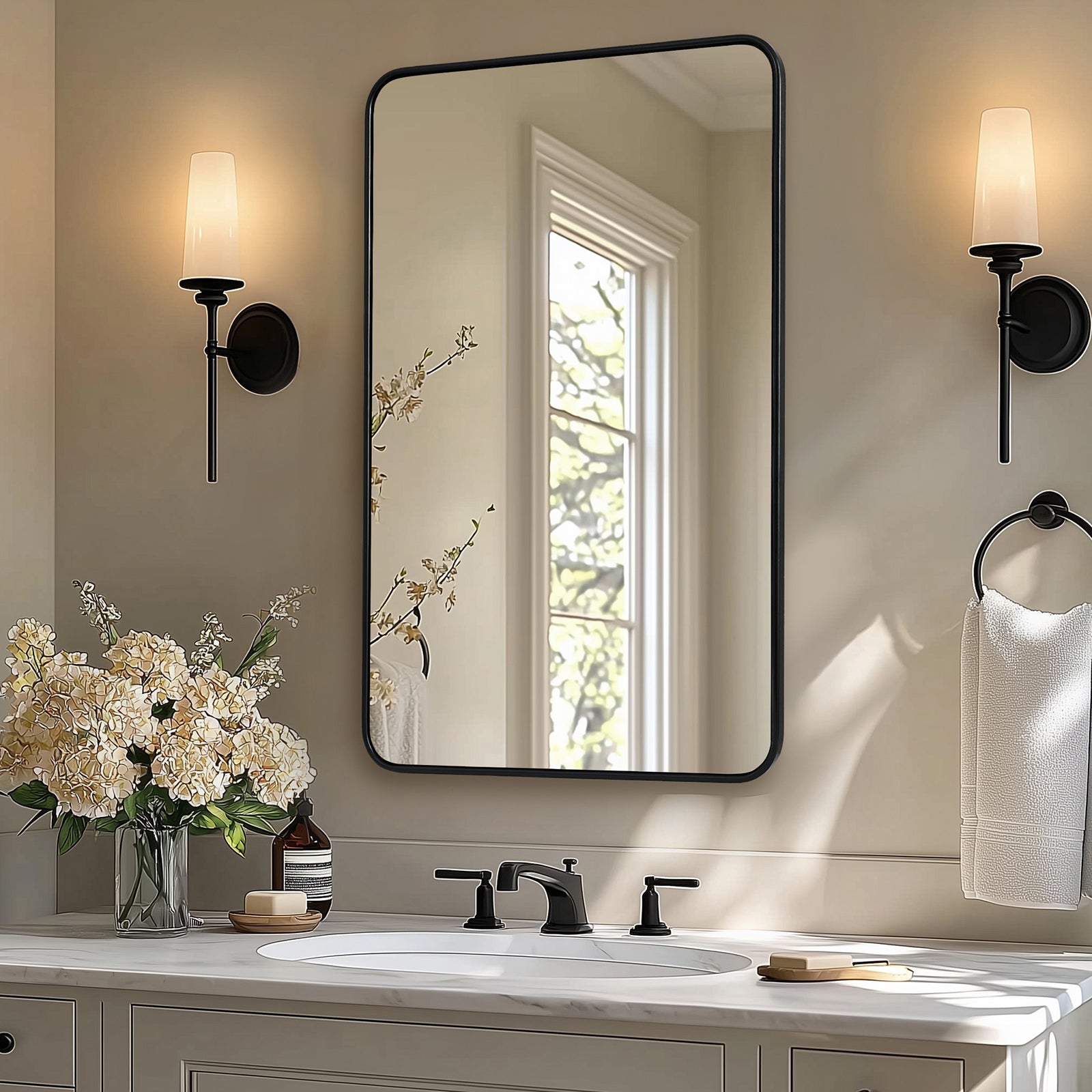 Modern Rounded Rectangular Bathroom Mirrors| U-Shaped Tube Stainless Steel Frame