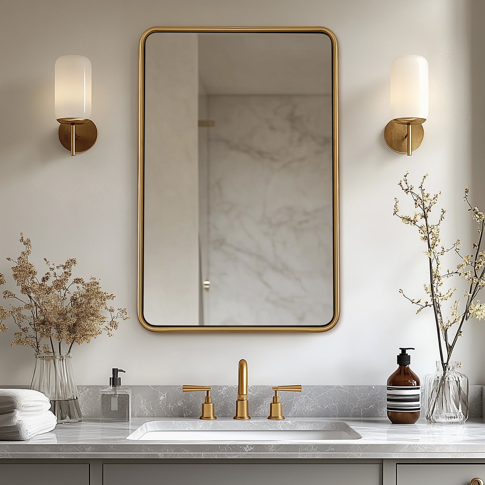 Contemporary Rounded Rectangular Bathroom Mirrors| O-Shaped Tube Stainless Steel Frame