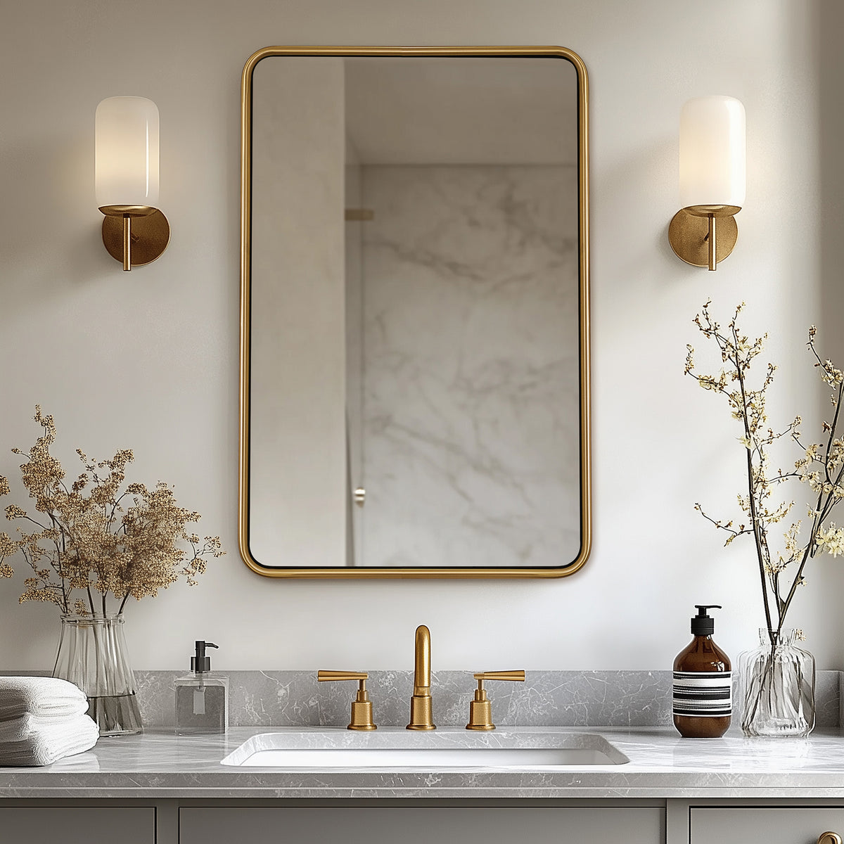 Contemporary Rectangle Bathroom Mirror |Rounded Stainless Steel Framed