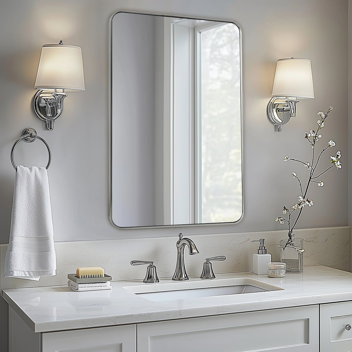 Contemporary Rounded Rectangular Bathroom Mirrors| Stainless Steel Thick Frame