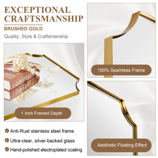 Contemporary Notched Corner Scalloped  Rectangle Bathroom Vanity Mirror | Stainless Steel Frame