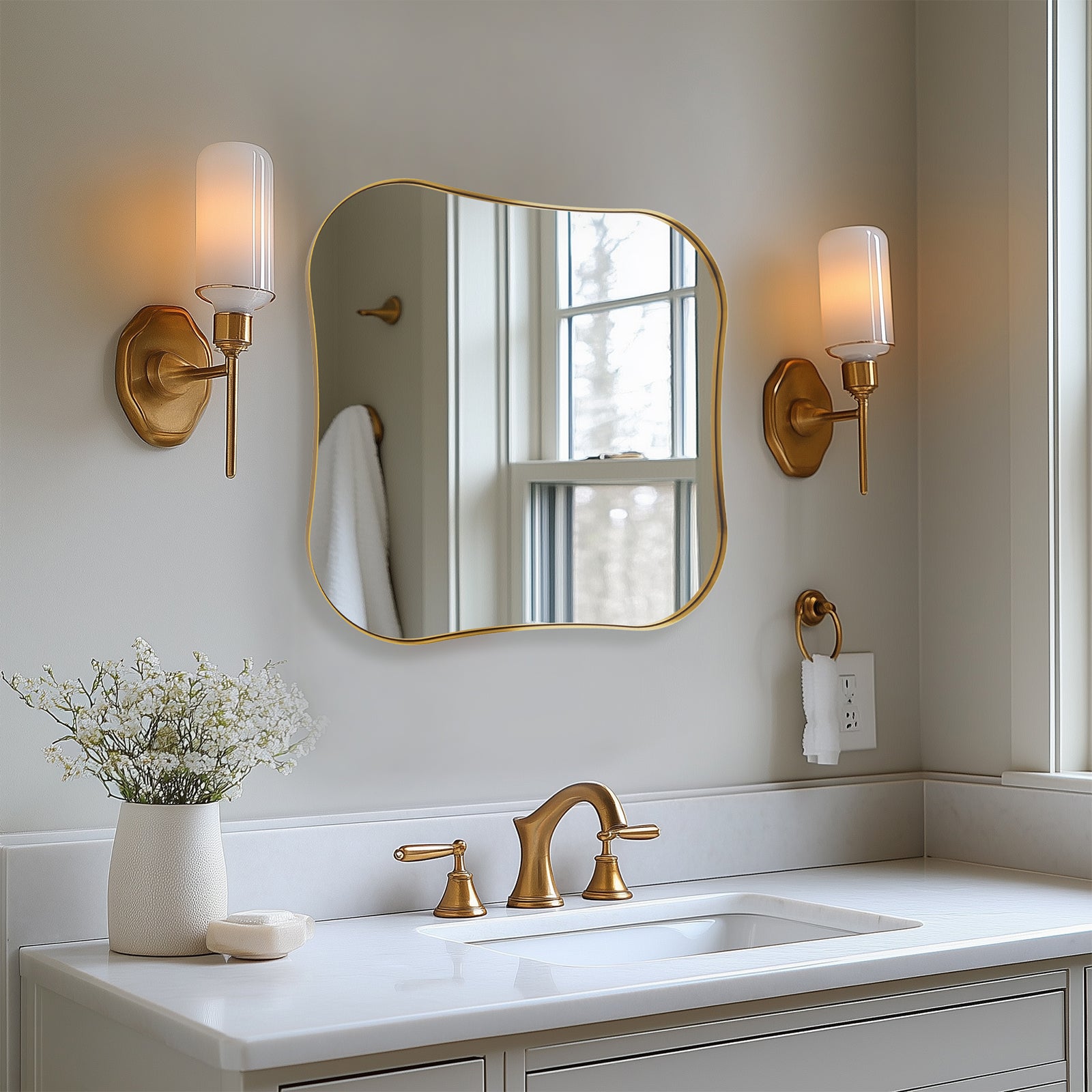 Contemporary Brushed Gold Irregular  Scalloped Square Bathroom Vanity Wall Mirrors