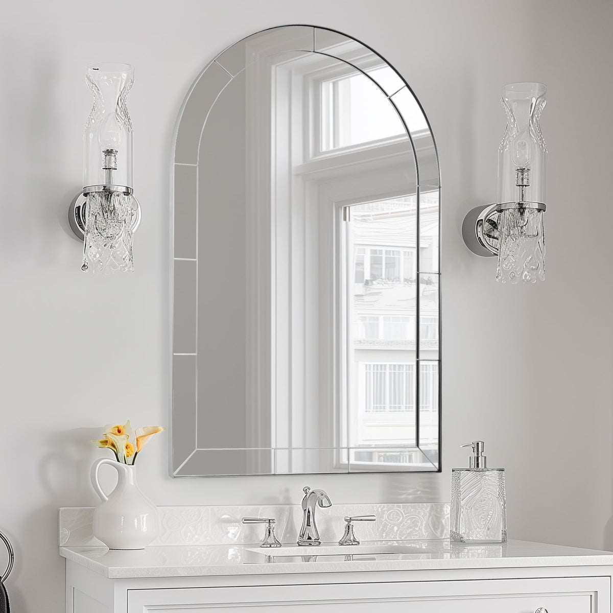 Glass Tile Edge Arched Mirror Bathroom Vanity Mirror | Stainless Steel Frame