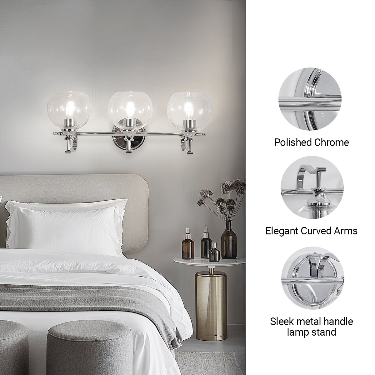 Modern Metal Crank Frame Clear Globe Glass Shade Wall Sconces for Bathroom, Living Room