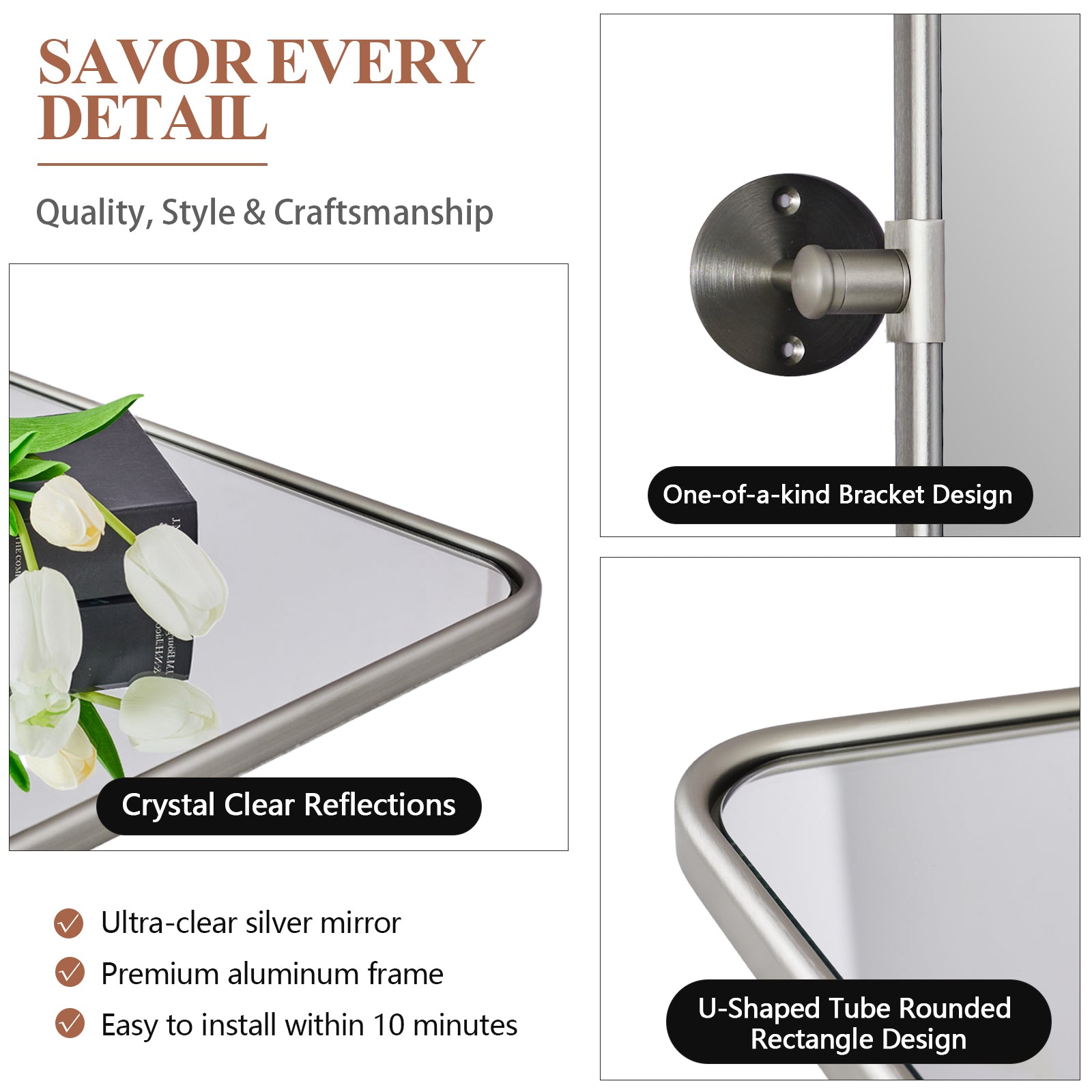 Modern Rectangle Pivot Mirror Adjustable Tilting Bathroom Mirror | Aluminum Frame