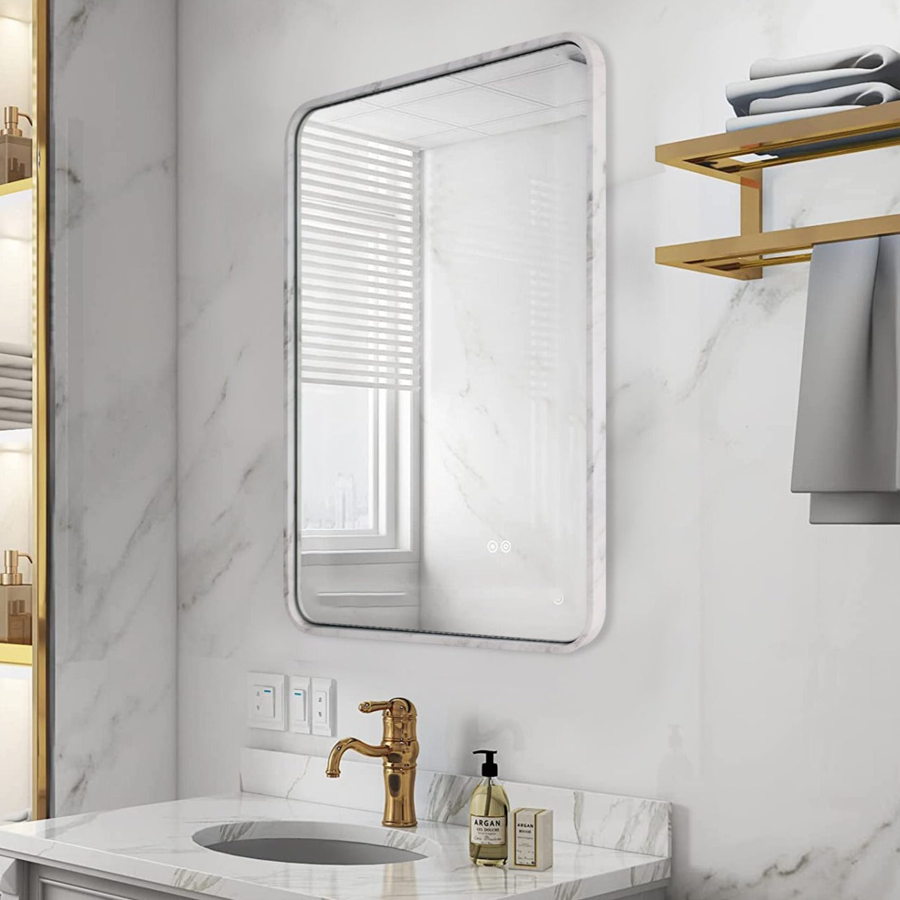 Contemporary Imitation Marble Framed Rectangle Wall Mirror for Bathroom