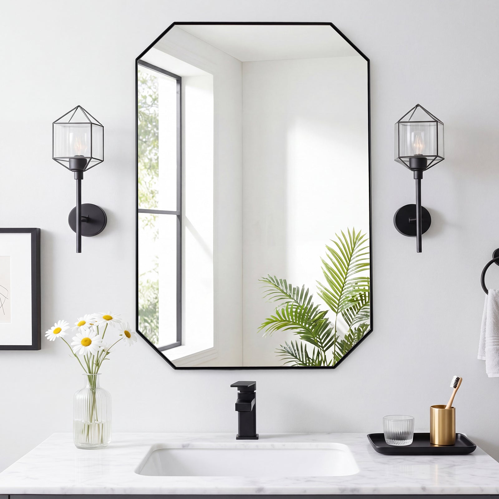 Contemporary Cut Corner Octagonal Scalloped Rectangle Mirror for Bathroom  |Stainless Steel Frame