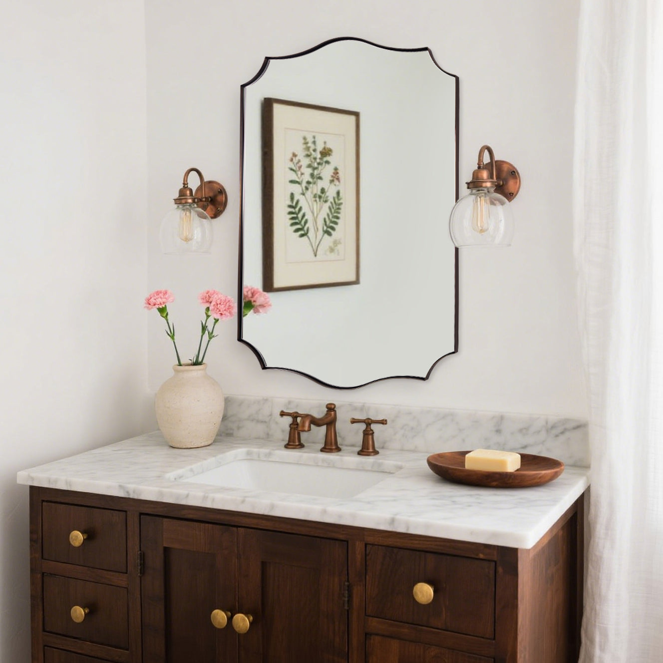 Traditional Rectangle Scalloped  Wall Mirror for Bathroom | Stainless Steel Frame