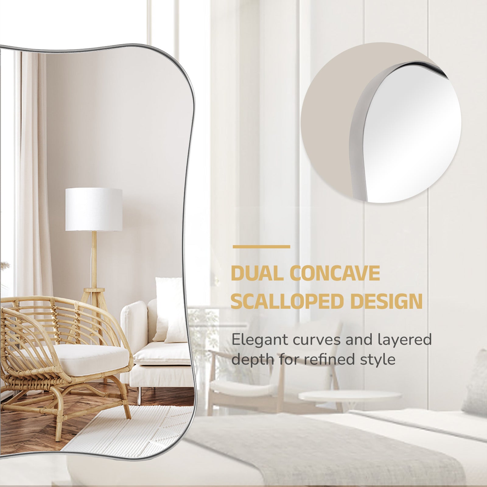 Contemporary Dual  Concave Edge Rouded Scalloped Rectangle Wall Mirror | Stainless Steel Frame