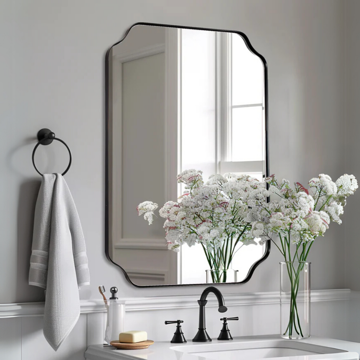 Modern Cut Corner Rectangle Scalloped Mirror for Wall /Bathroom | Stainless Steel Frame