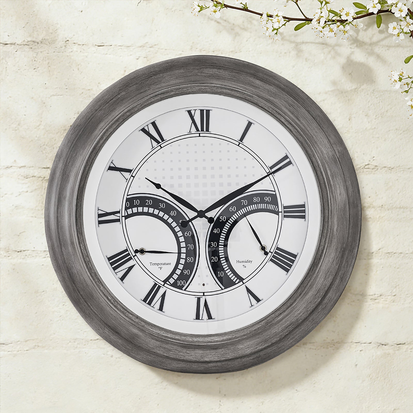 24 Inch Outdoor Wall Clock Large Waterproof Illuminated Clock with Thermometer,Square Grid Dial