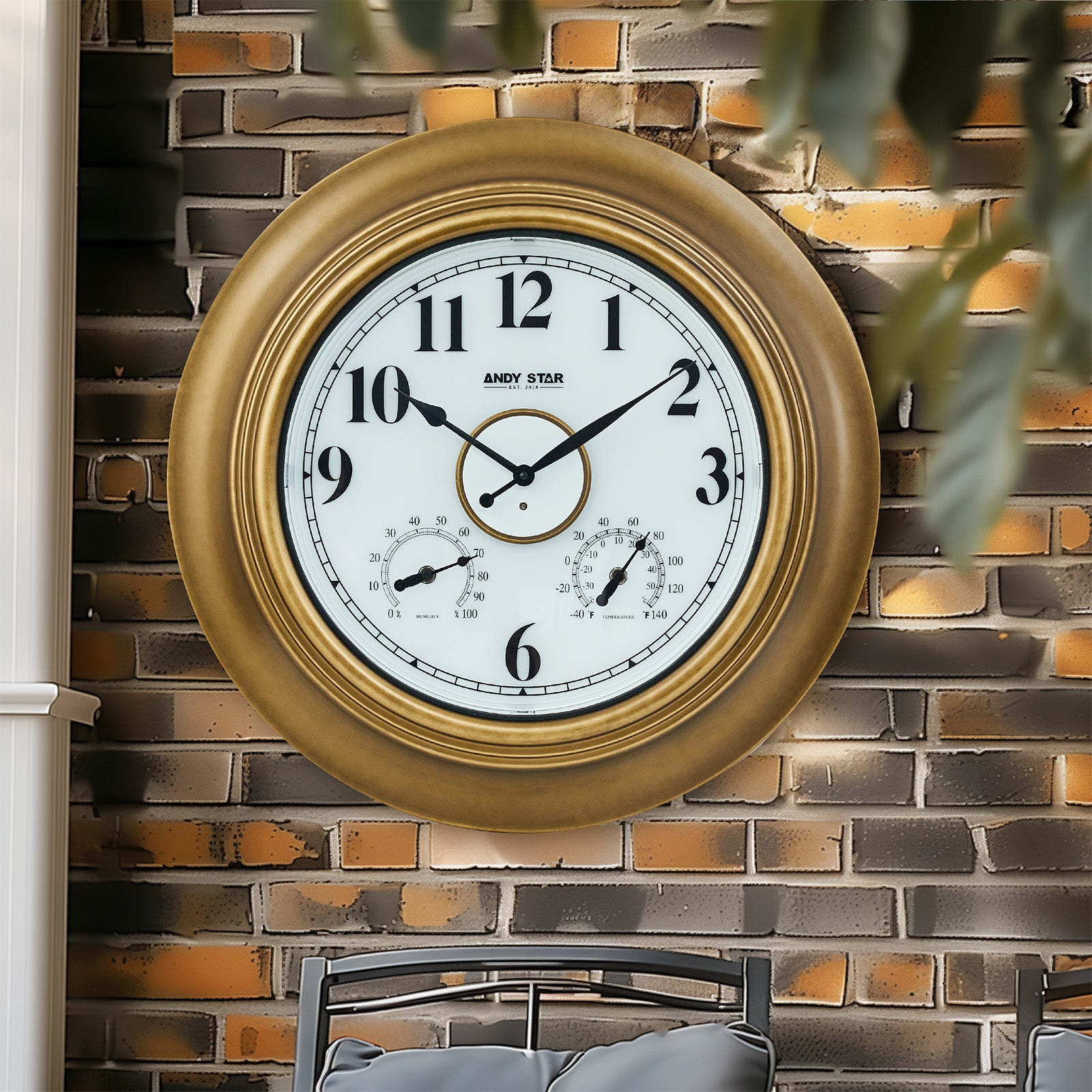 Waterproof Bathroom Wall Clock Illuminated Outdoor Clock with Thermometer Gold