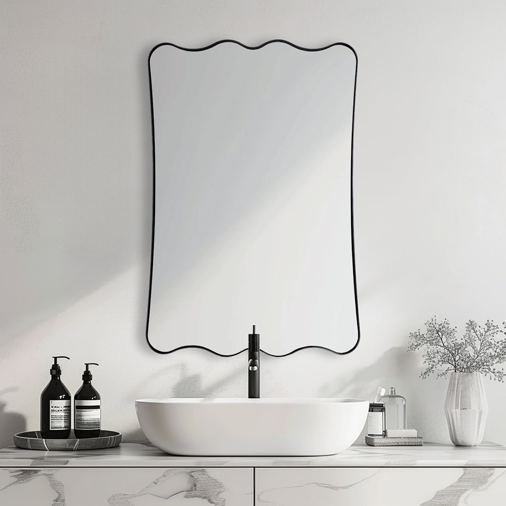 Contemporary Wavy Scalloped Rectangle Mirror Decorative Bathroom Mirror | Stainless Steel Frame