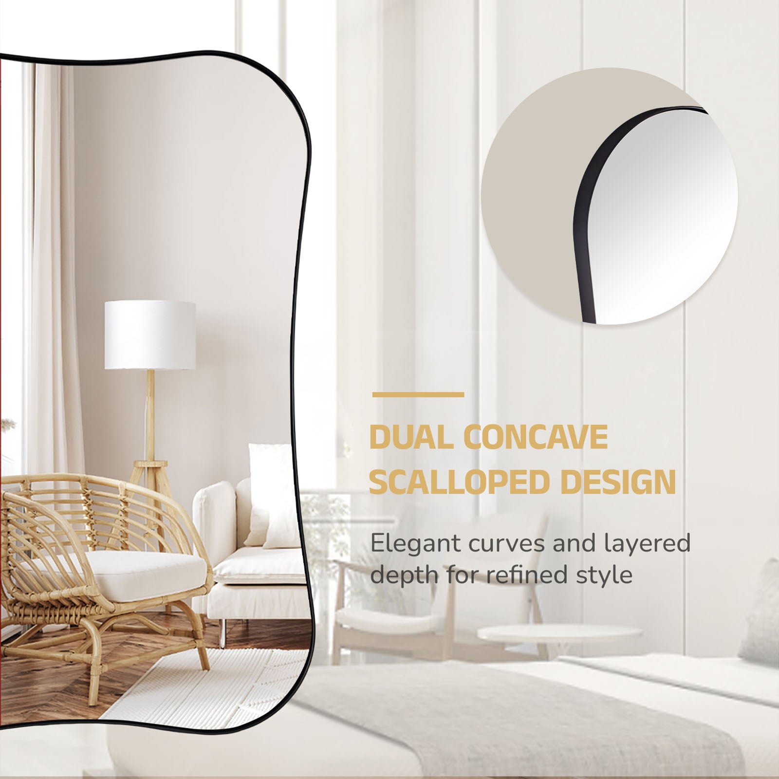 Contemporary Dual  Concave Edge Rouded Scalloped Rectangle Wall Mirror | Stainless Steel Frame