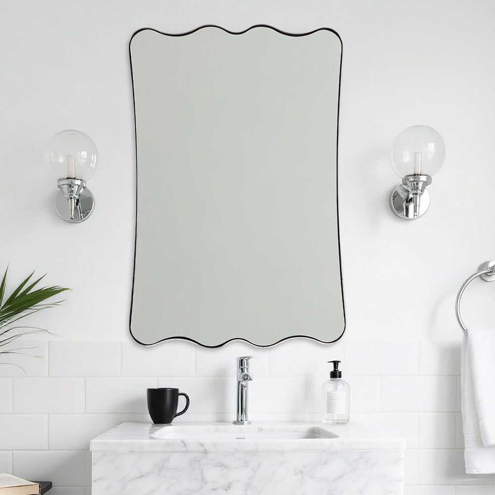 Contemporary Wavy Scalloped Rectangle Mirror Decorative Bathroom Mirror | Stainless Steel Frame
