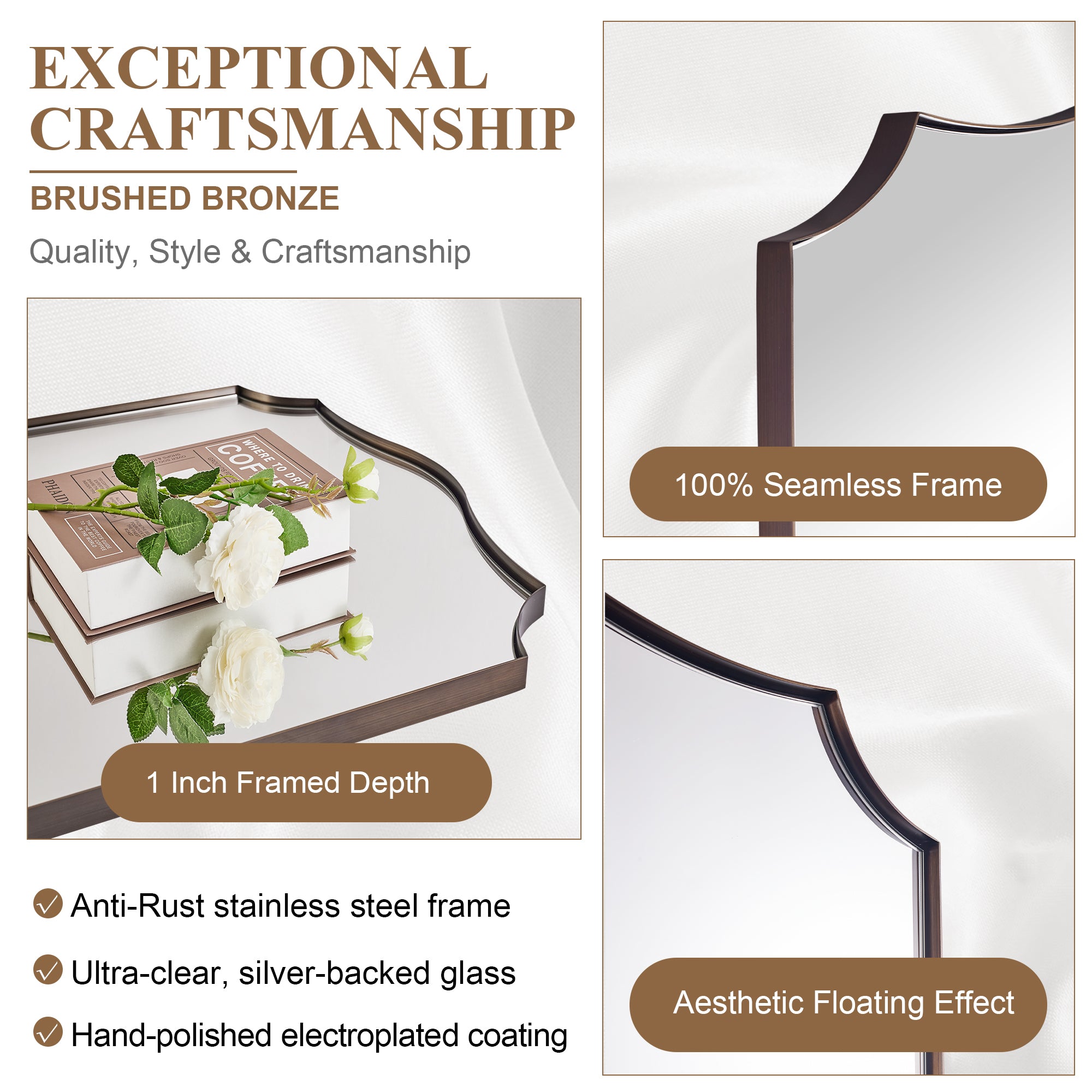 Traditional Rectangle Scalloped  Wall Mirror for Bathroom | Stainless Steel Frame