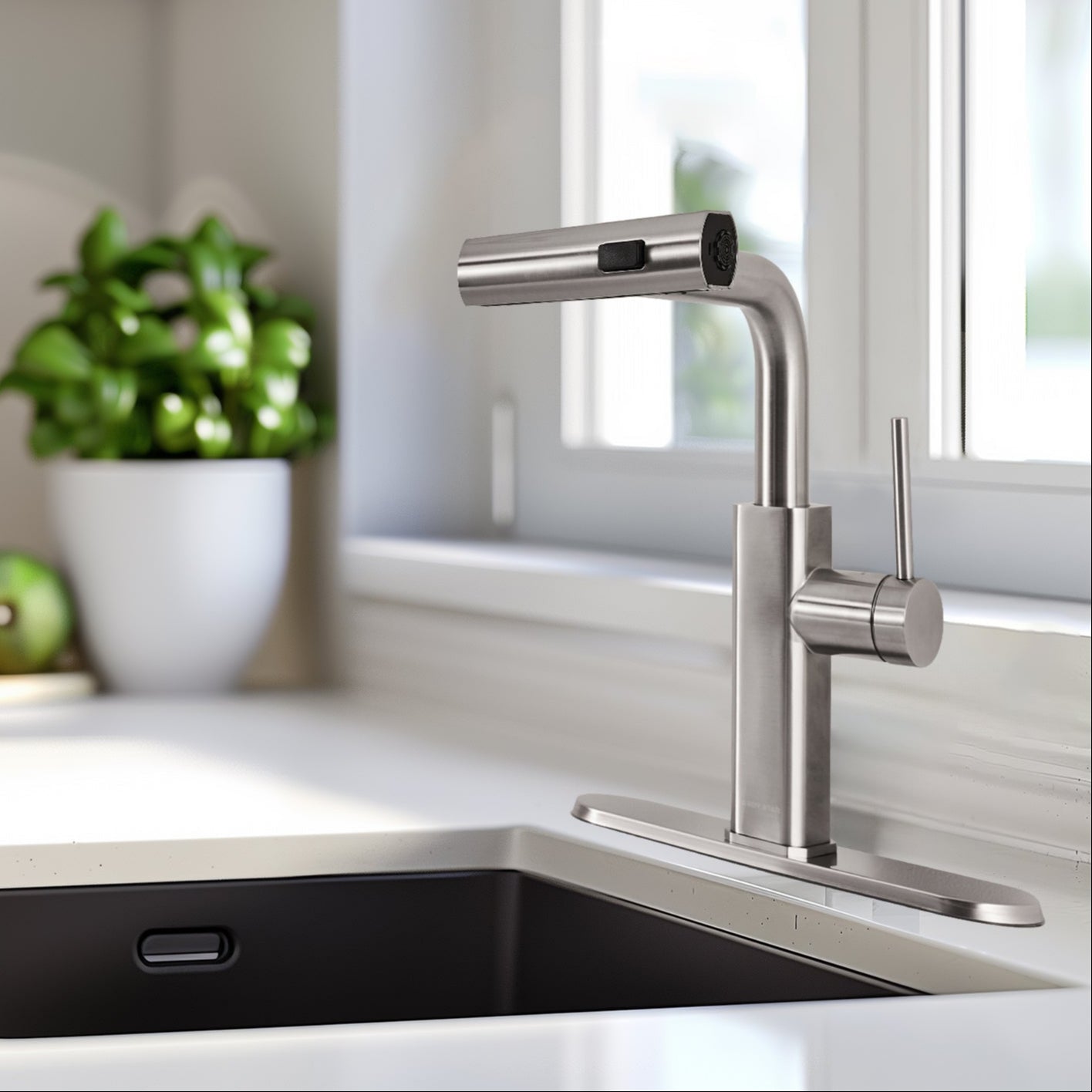 Modern Stainless Steel Single Hole Kitchen Faucet with Pull-Out Sprayer