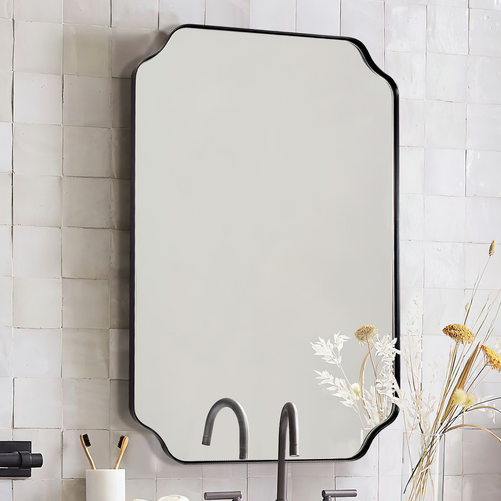 Notched Corner Irregular Scalloped Rectangle Mirrors | Stainless Steel Frame