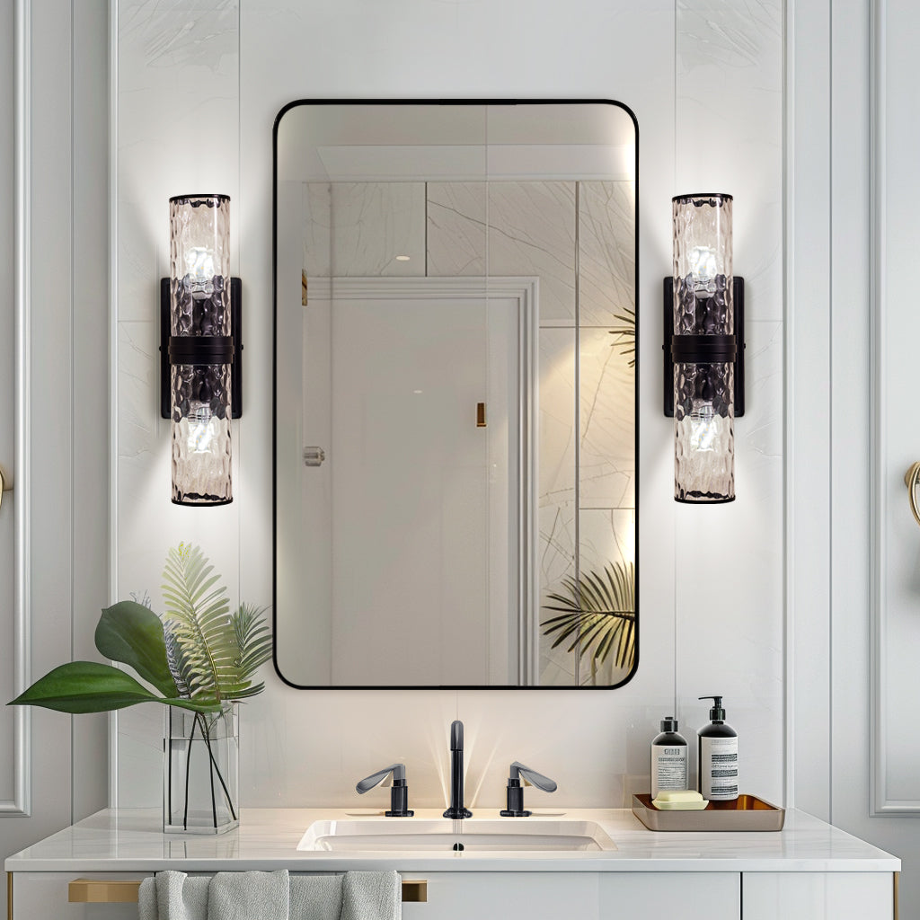 MOON MIRROR Modern Double-Cylinder Hammer Glass Shade Wall Sconce Bathroom Light Fixture