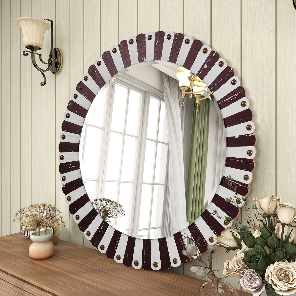 Rustic Wooden Round Wall Mirror Decor Accent Circle Mirror for Living Room, Bedroom, Entry