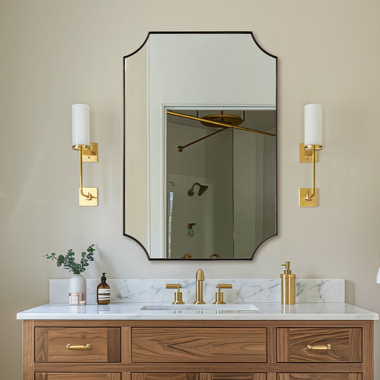 Contemporary  Rounded Notched Corner Scalloped  Rectangle Bathroom Vanity Mirror | Stainless Steel Frame
