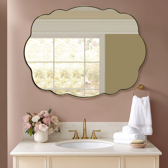 Contemporary Wavy Oval Scalloped Bathroom Vanity Mirror  Irregular Organic Mirror| Stainless Steel Framed