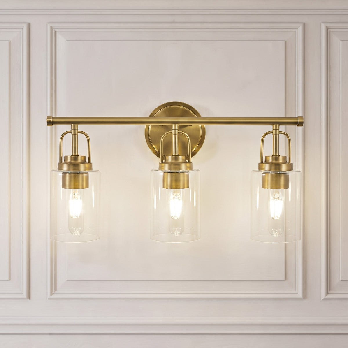 Transitional Cylindrical Clear Glass Shade Bathroom Vanity Light