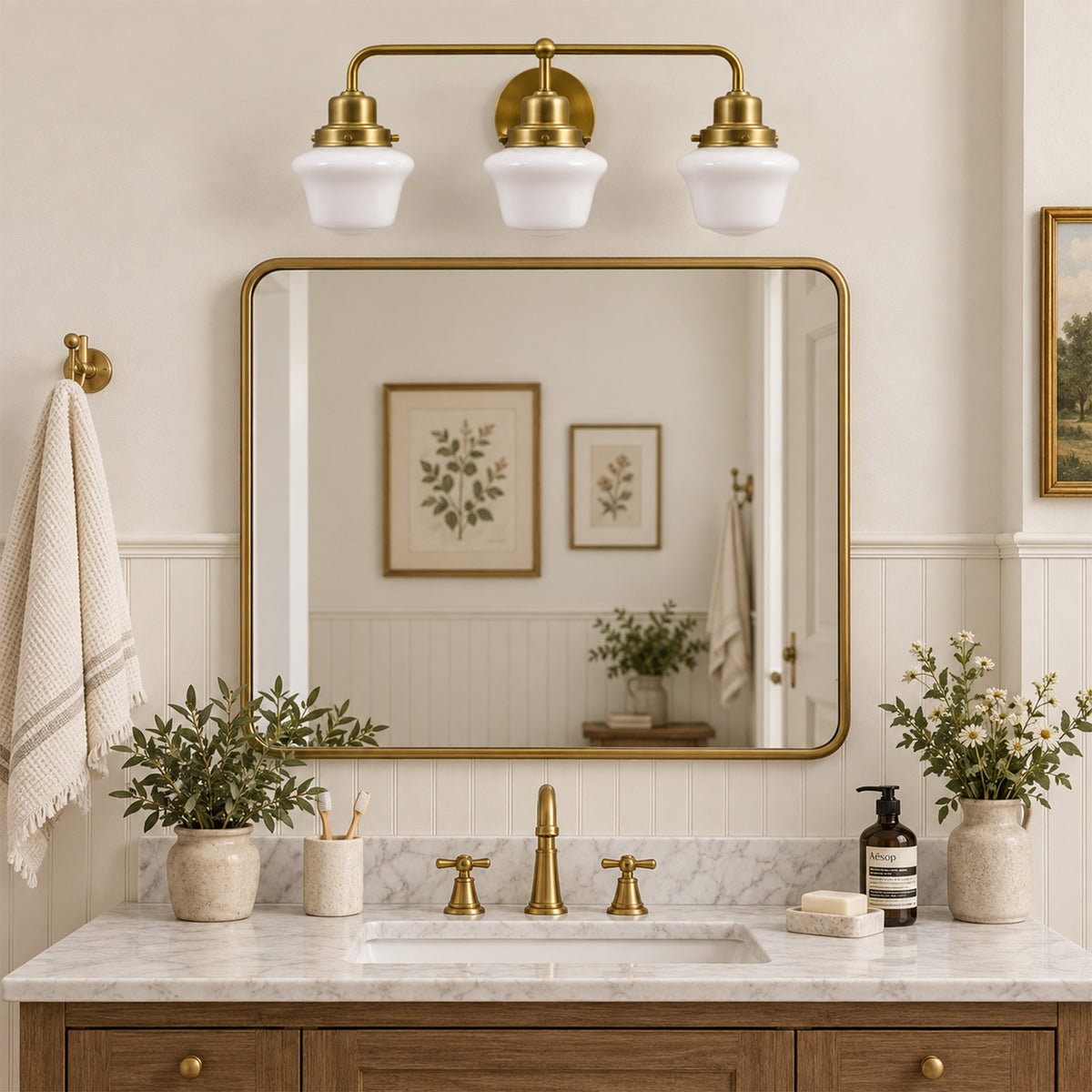 Traditional Schoolhouse Opal Glass Shade Bathroom Vanity Light