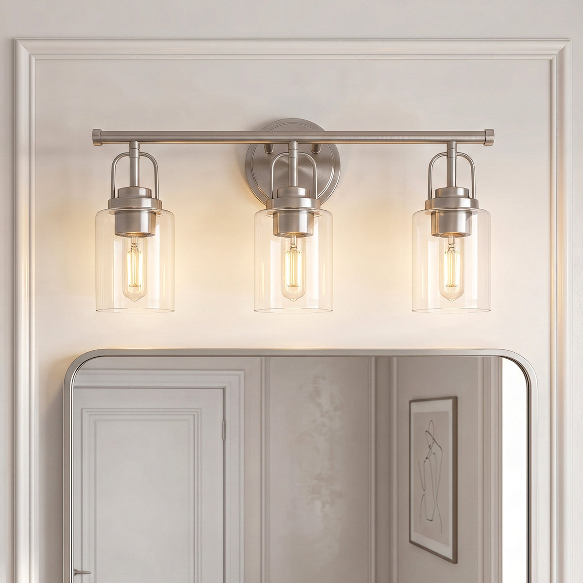 Transitional Cylindrical Clear Glass Shade Bathroom Vanity Light