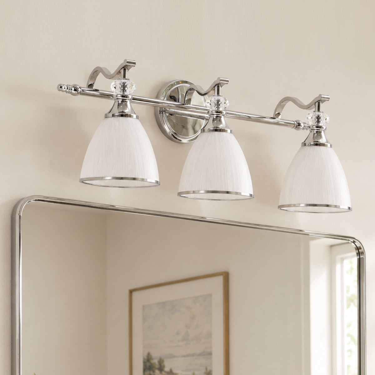 Artistical Metal Crank Frame White Frosted Trumpet Shade Bathroom Sconces