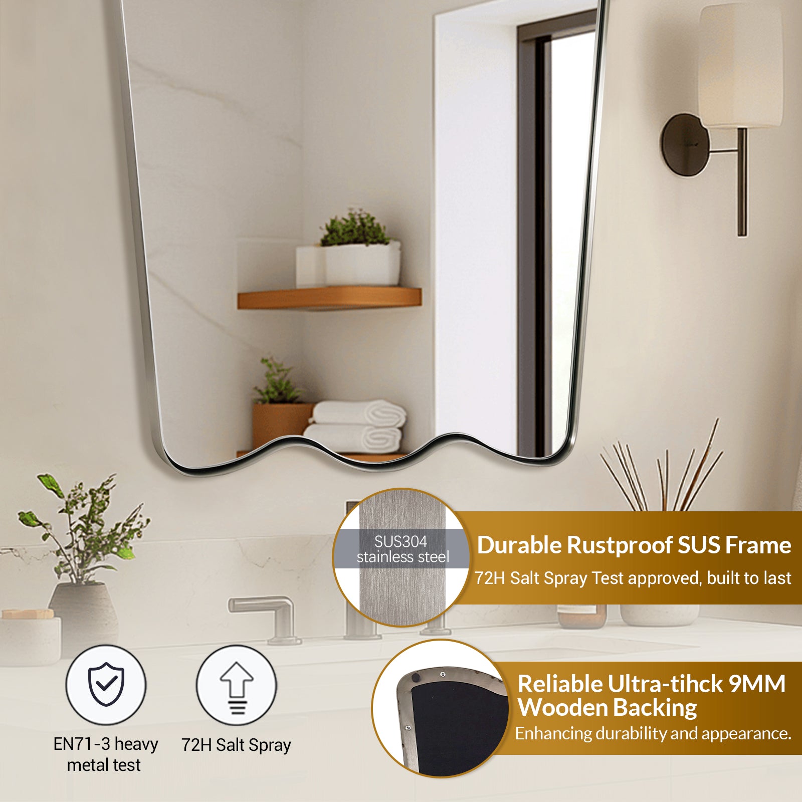 Contemporary Tapered Wavy Scalloped Bathroom Vanity Mirror | Stainless Steel Framed