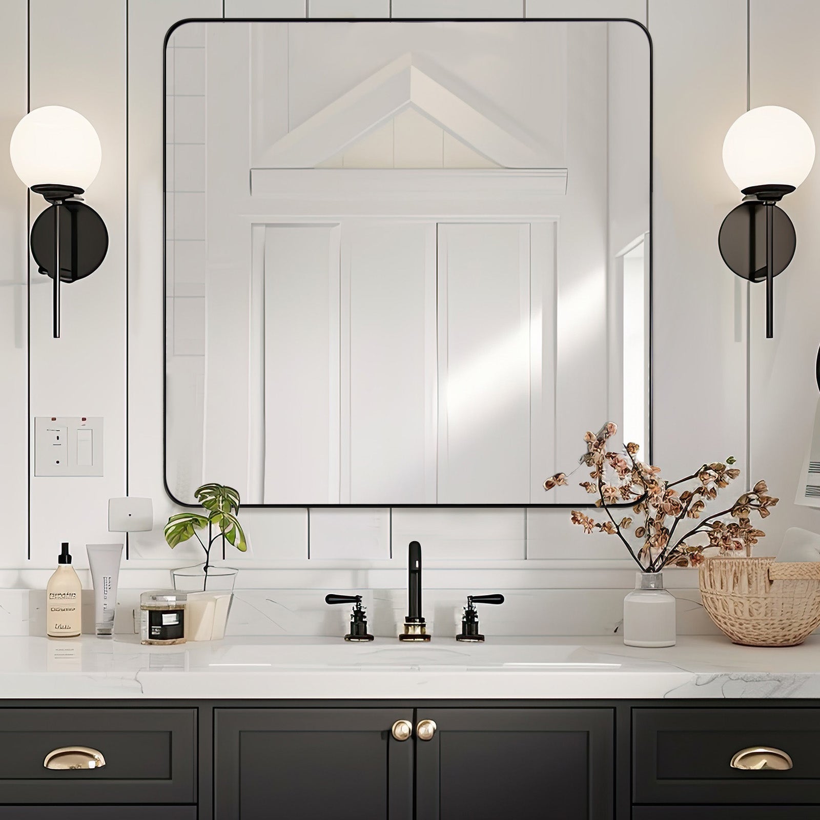 Open Box Like New : Modern Rounded Rectangle Mirror for Bathroom/ Vanity/ Wall | Stainless Steel Frame