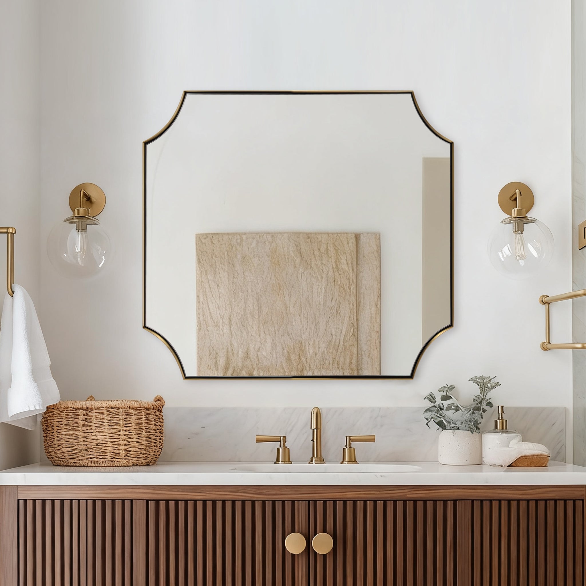Contemporary Notched Corner Scalloped  Rectangle Bathroom Vanity Mirror | Stainless Steel Frame
