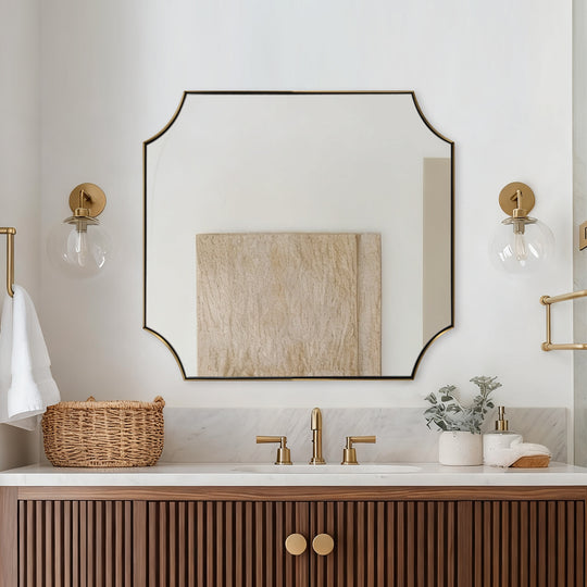 Contemporary Notched Corner Scalloped  Rectangle Bathroom Vanity Mirror | Stainless Steel Frame