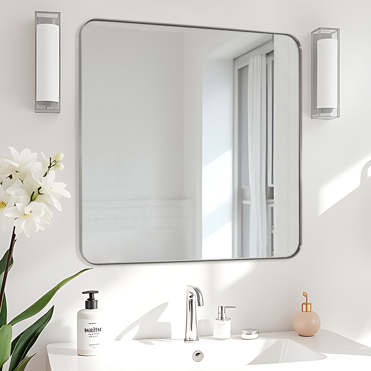 Modern Rounded Rectangle Mirror for Bathroom/ Vanity/ Wall | Stainless Steel Frame