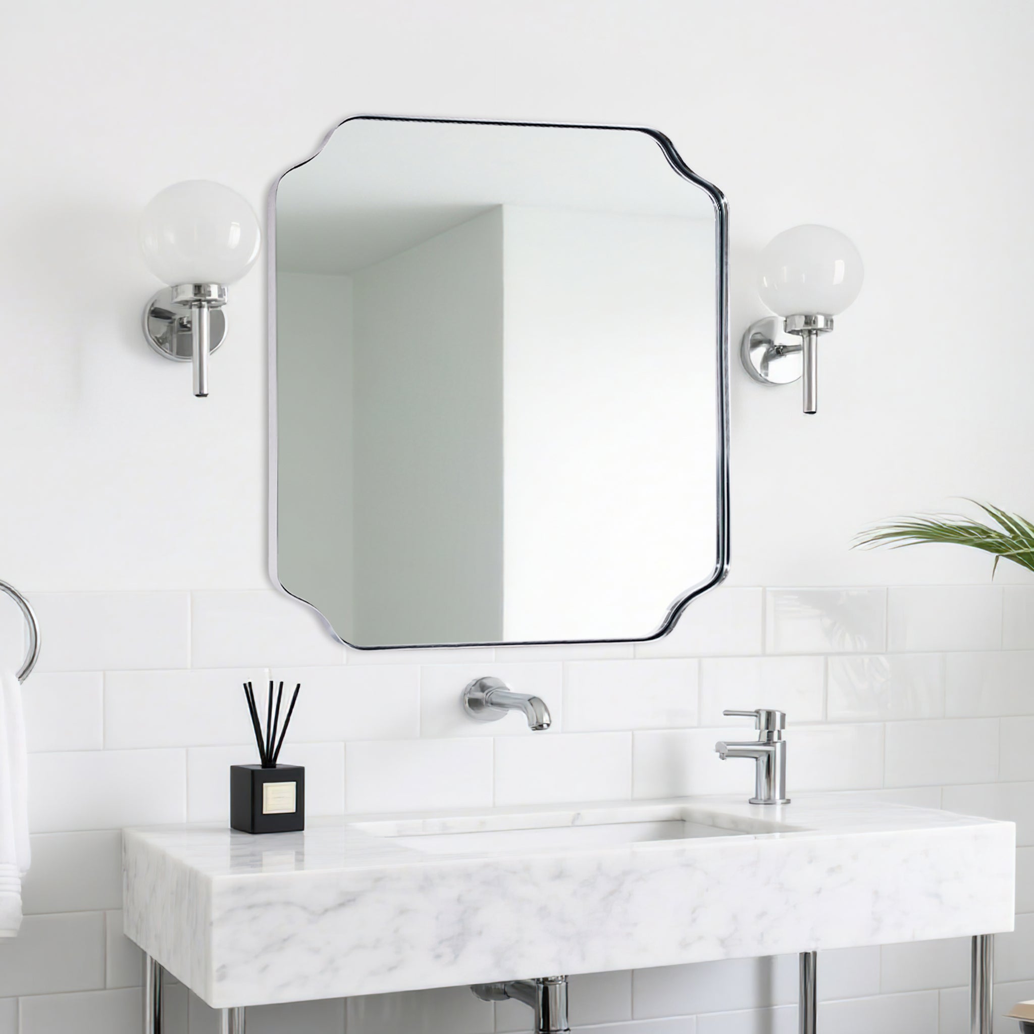 Contemporary Notched Corner Rectangle Scalloped Mirror for Wall /Bathroom | Stainless Steel Frame