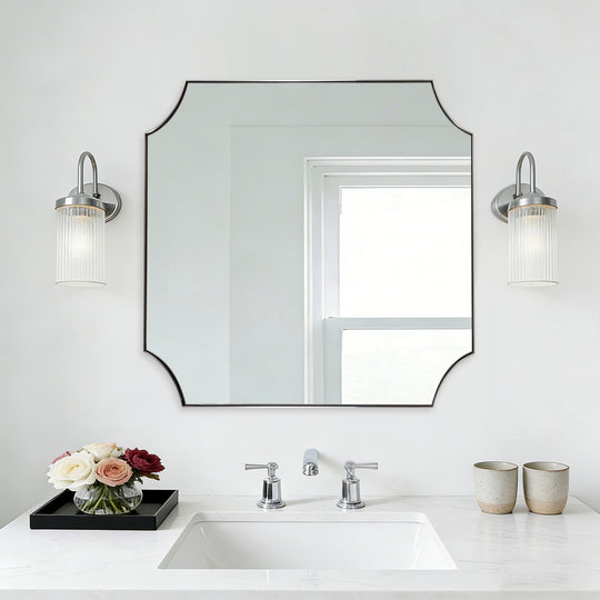 Contemporary Notched Corner Scalloped  Rectangle Bathroom Vanity Mirror | Stainless Steel Frame