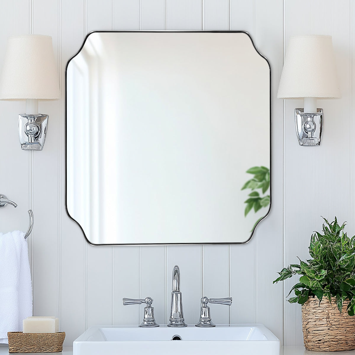 Contemporary Notched Corner Rectangle Scalloped Mirror for Wall /Bathroom | Stainless Steel Frame